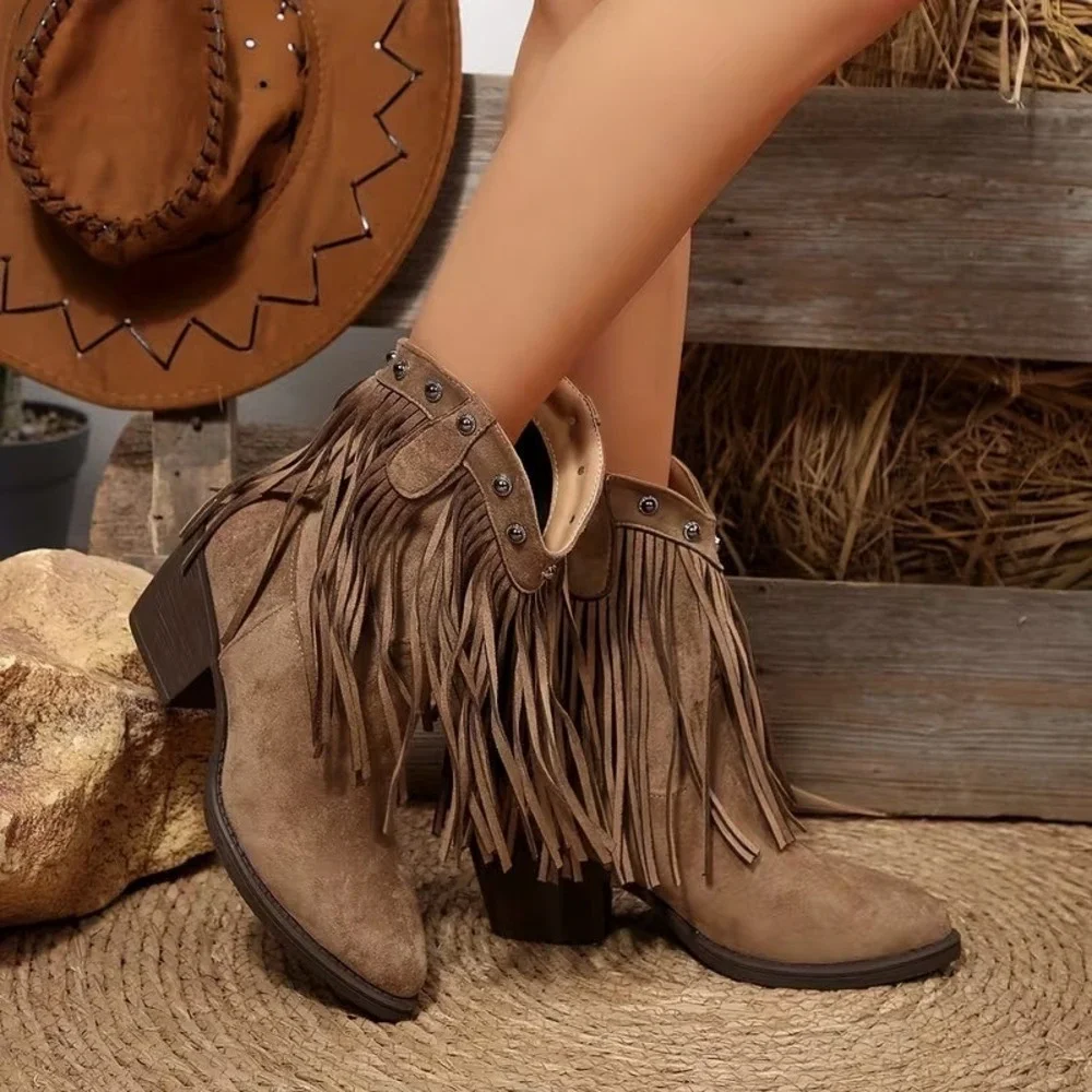 Women's US 5.5 Coffee Western Fringe Ankle Boots Studded Suede Cowboy Boho